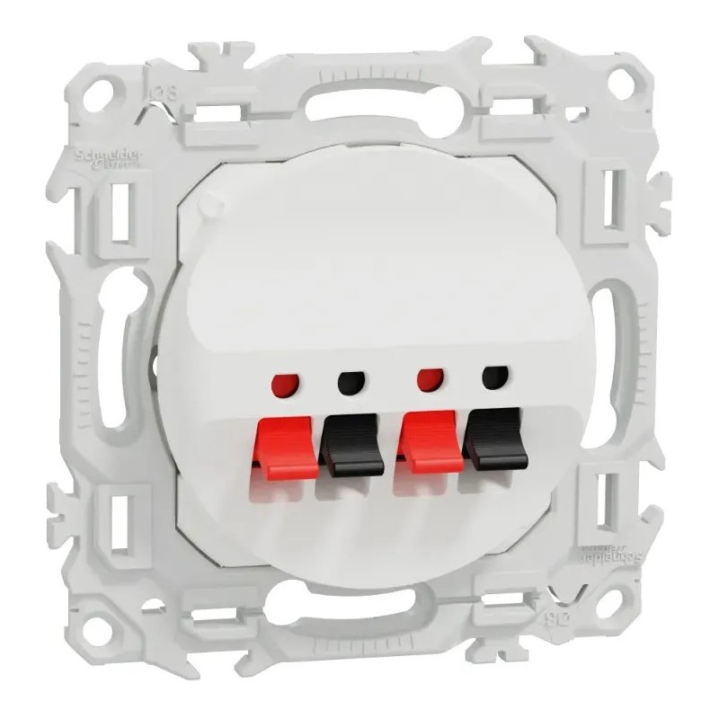 Odace 2025 - prise haut-parleurs double 2 sorties - 4 poussettes identifiées noir/rouge - cache peinture - blanc RAL 9003 mat